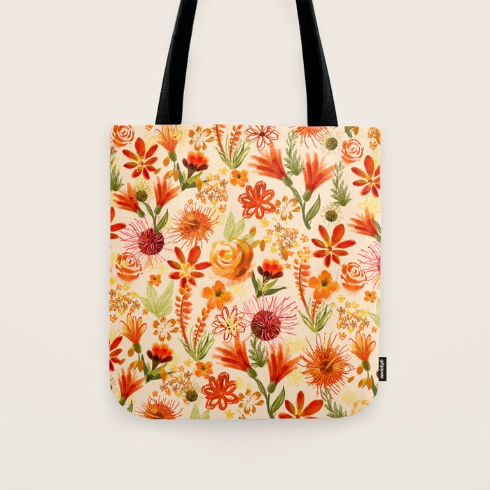 Watercolor flowers, orange, red, boho, pretty, bright colours Tote Bag Gallery Image 1