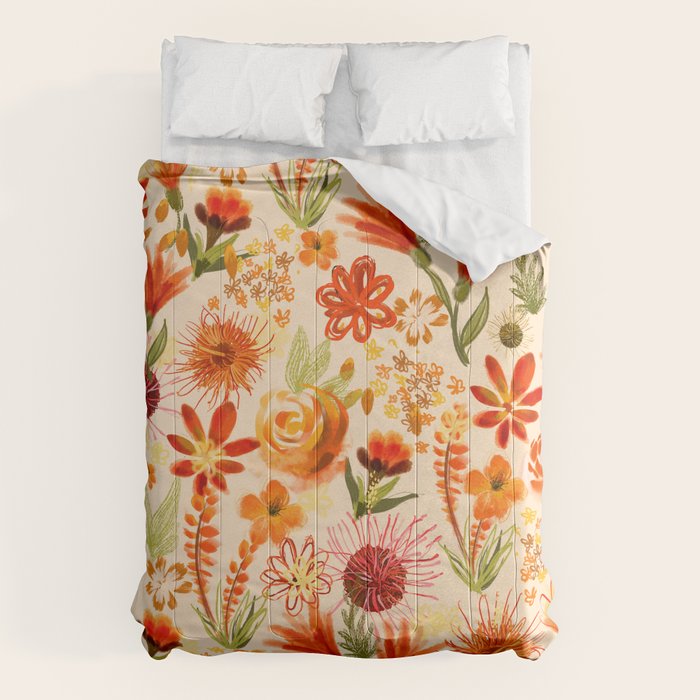 Watercolor flowers, orange, red, boho, pretty, bright colours Comforter Gallery Image 1