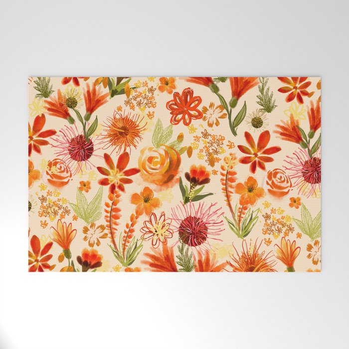 Watercolor flowers, orange, red, boho, pretty, bright colours Welcome Mat Gallery Image 1