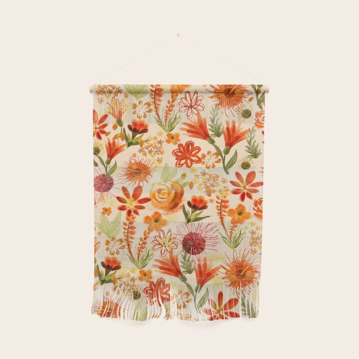 Watercolor flowers, orange, red, boho, pretty, bright colours Wall Hanging Gallery Image 1