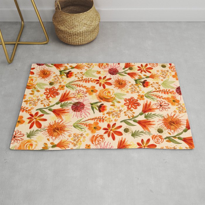 Watercolor flowers, orange, red, boho, pretty, bright colours Rug Gallery Image 1
