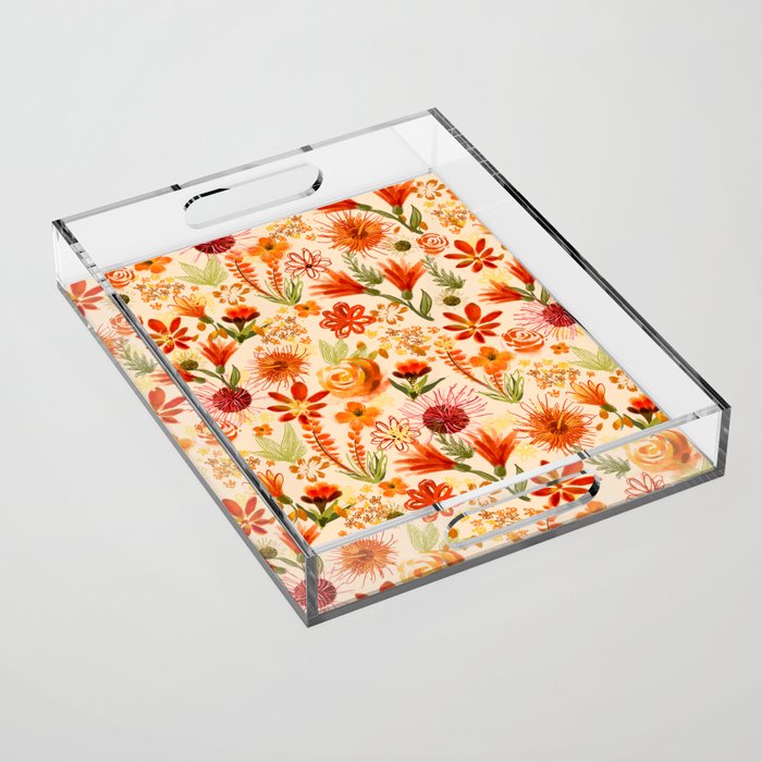 Watercolor flowers, orange, red, boho, pretty, bright colours Acrylic Tray Gallery Image 1