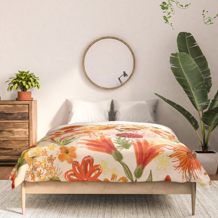 Watercolor flowers, orange, red, boho, pretty, bright colours Comforter Gallery Image 3