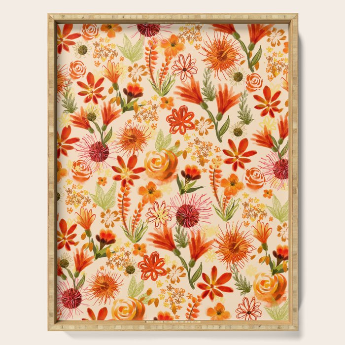 Watercolor flowers, orange, red, boho, pretty, bright colours Serving Tray Gallery Image 1