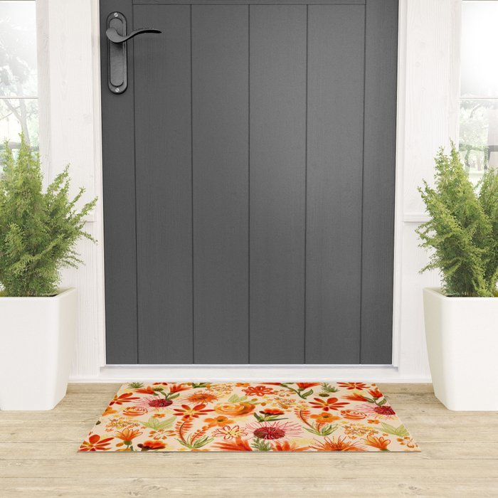 Watercolor flowers, orange, red, boho, pretty, bright colours Welcome Mat Gallery Image 3