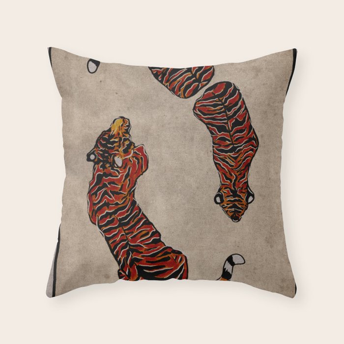 Two Tigers -- Ukiyo-e Style Throw Pillow Gallery Image 1