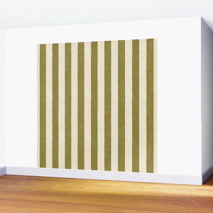 Cabana Stripe - moss green and cream Wall Mural Gallery Image 2