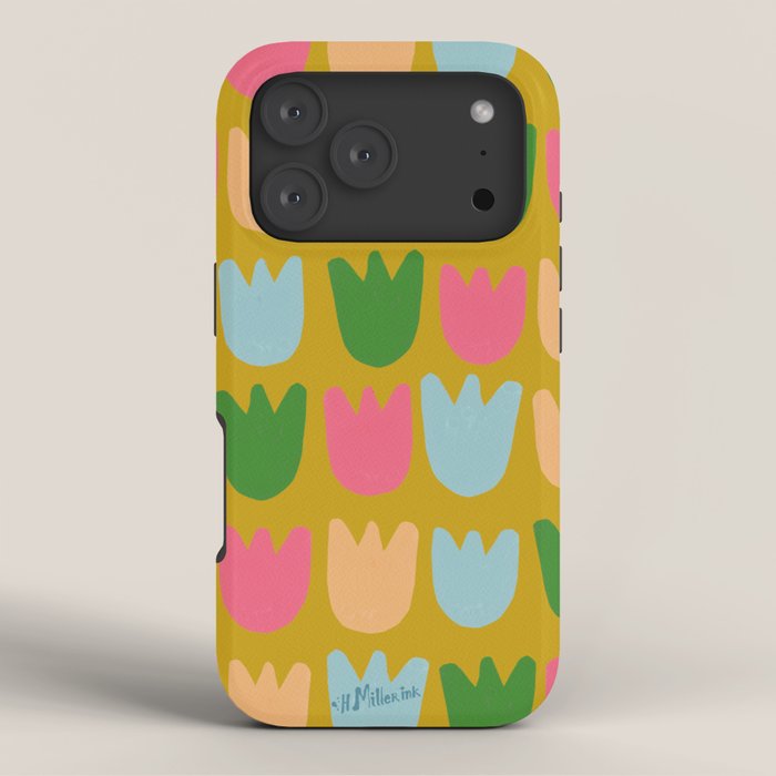 Rows of Tulips in Bloom in Yellow Ochre & Peach iPhone Case Gallery Image 3