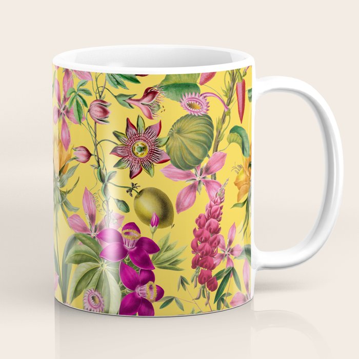 Tropical Bloom Serenade Exotic Floral Pattern Vintage Botanical Vibes Yellow Coffee Mug Gallery Image 1