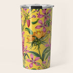 Tropical Bloom Serenade Exotic Floral Pattern Vintage Botanical Vibes Yellow Travel Mug Gallery Image 1