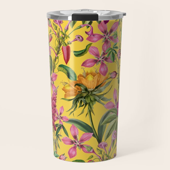 Tropical Bloom Serenade Exotic Floral Pattern Vintage Botanical Vibes Yellow Travel Mug Gallery Image 1
