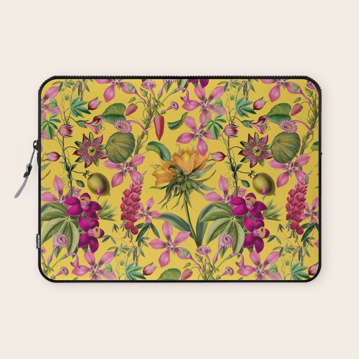 Tropical Bloom Serenade Exotic Floral Pattern Vintage Botanical Vibes Yellow Laptop Sleeve Gallery Image 1