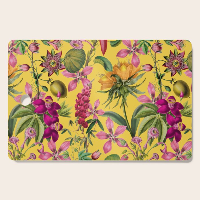 Tropical Bloom Serenade Exotic Floral Pattern Vintage Botanical Vibes Yellow Cutting Board Gallery Image 1