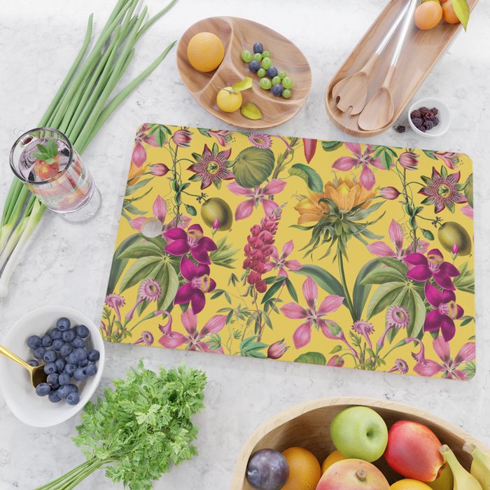 Tropical Bloom Serenade Exotic Floral Pattern Vintage Botanical Vibes Yellow Cutting Board Gallery Image 2