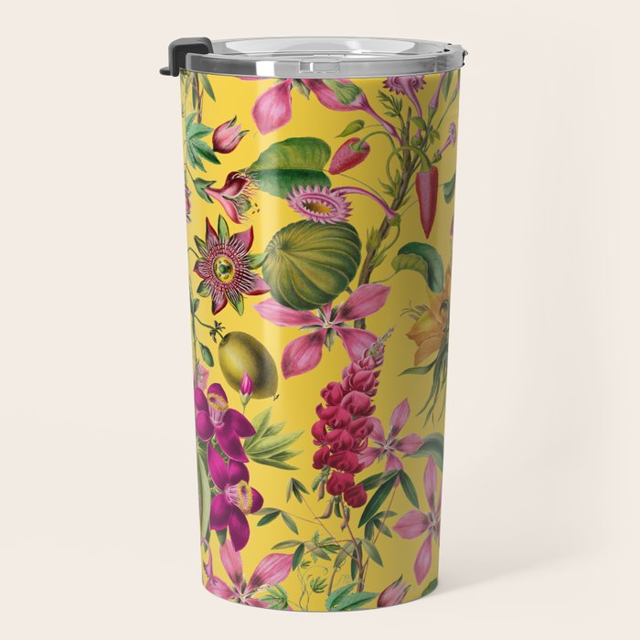 Tropical Bloom Serenade Exotic Floral Pattern Vintage Botanical Vibes Yellow Travel Mug Gallery Image 3