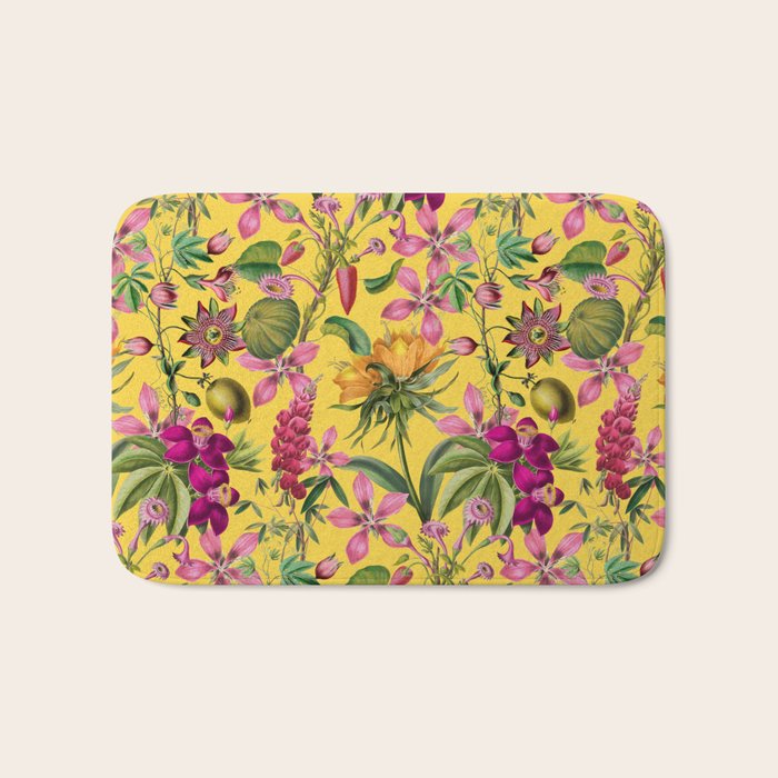 Tropical Bloom Serenade Exotic Floral Pattern Vintage Botanical Vibes Yellow Bath Mat Gallery Image 1