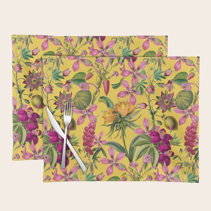 Tropical Bloom Serenade Exotic Floral Pattern Vintage Botanical Vibes Yellow Placemat Gallery Image 1