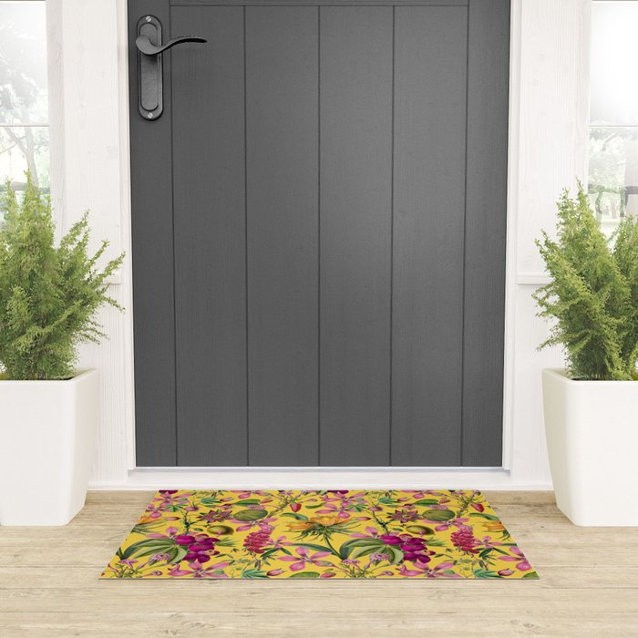 Tropical Bloom Serenade Exotic Floral Pattern Vintage Botanical Vibes Yellow Welcome Mat Gallery Image 3