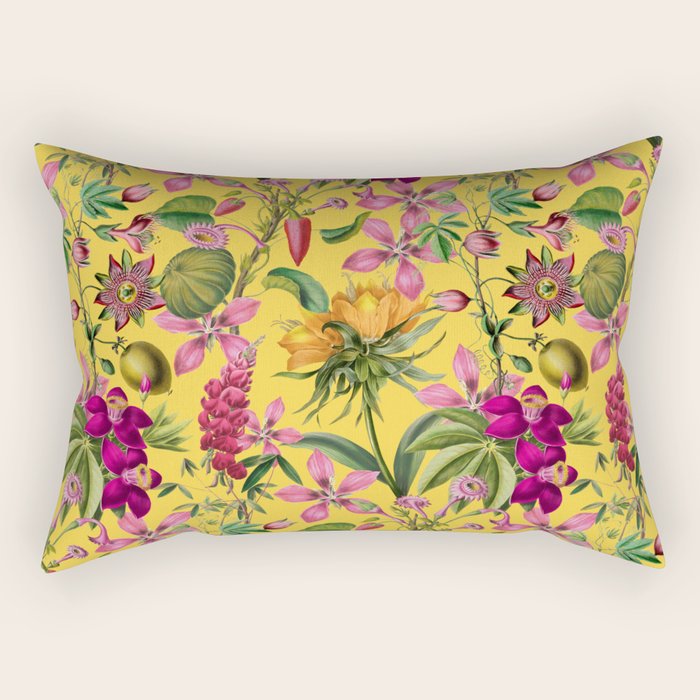Tropical Bloom Serenade Exotic Floral Pattern Vintage Botanical Vibes Yellow Rectangular Pillow Gallery Image 1