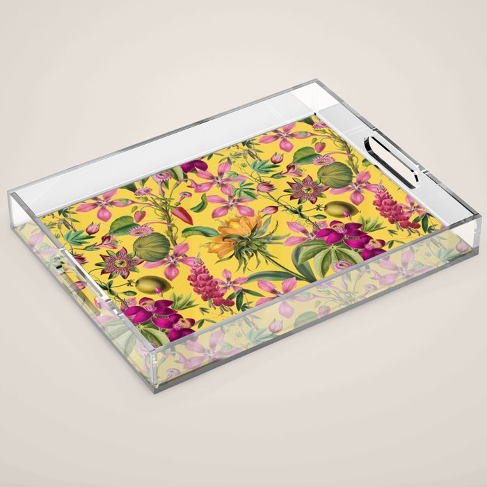 Tropical Bloom Serenade Exotic Floral Pattern Vintage Botanical Vibes Yellow Acrylic Tray Gallery Image 1