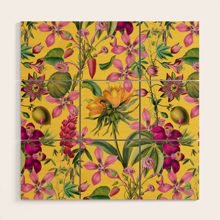 Tropical Bloom Serenade Exotic Floral Pattern Vintage Botanical Vibes Yellow Wood Wall Art Gallery Image 1