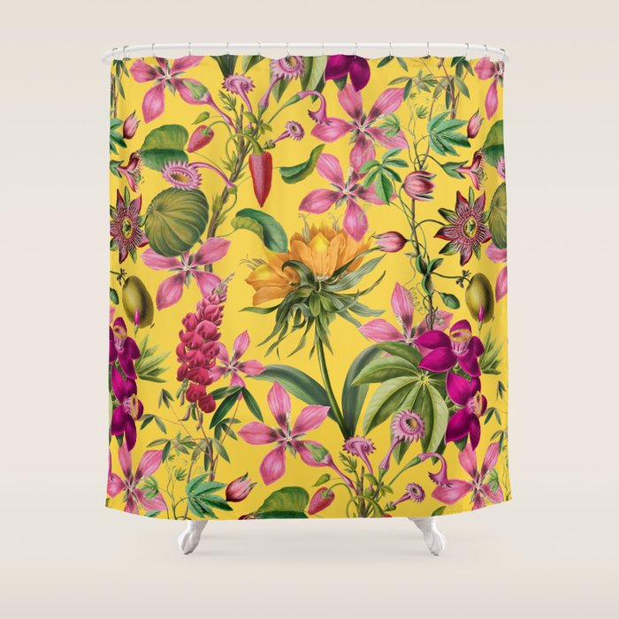 Tropical Bloom Serenade Exotic Floral Pattern Vintage Botanical Vibes Yellow Shower Curtain Gallery Image 1