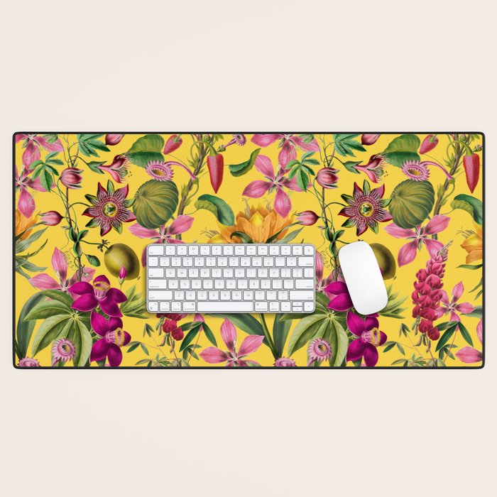 Tropical Bloom Serenade Exotic Floral Pattern Vintage Botanical Vibes Yellow Desk Mat Gallery Image 1
