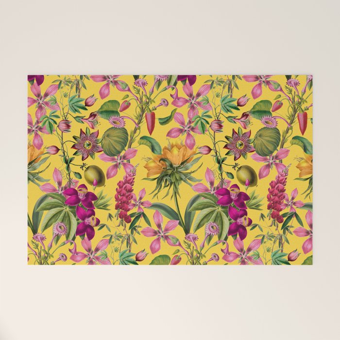 Tropical Bloom Serenade Exotic Floral Pattern Vintage Botanical Vibes Yellow Welcome Mat Gallery Image 1