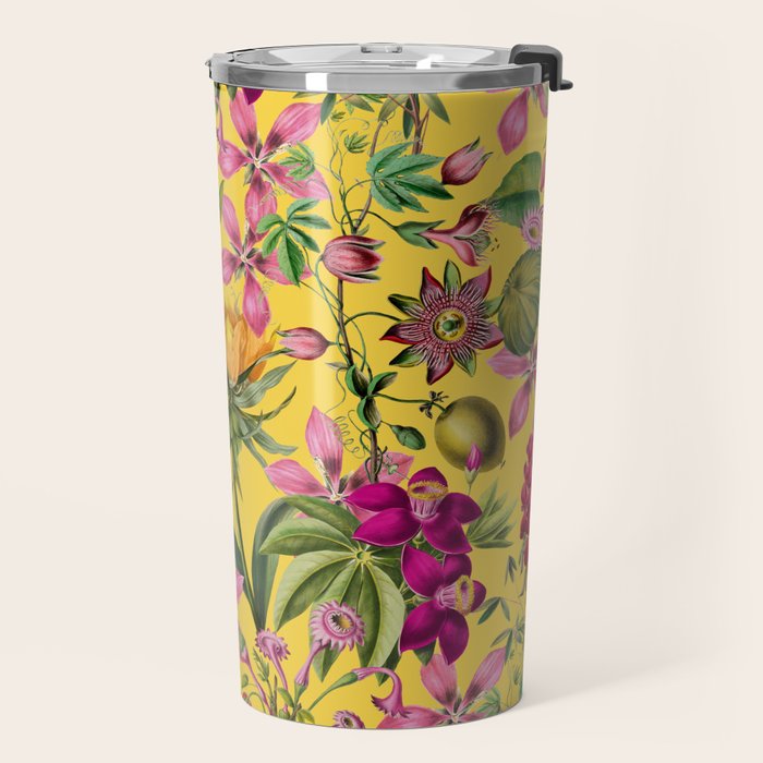 Tropical Bloom Serenade Exotic Floral Pattern Vintage Botanical Vibes Yellow Travel Mug Gallery Image 2