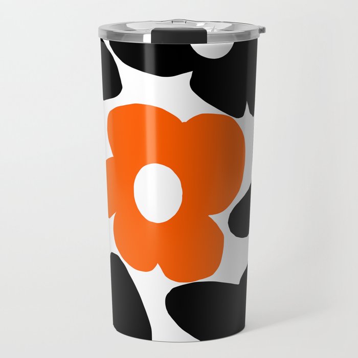 Large Orange and Black Retro Flowers White Background #decor #society6 #buyart Travel Mug Gallery Image 1