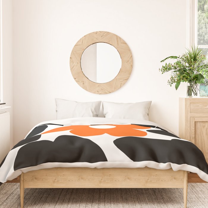 Large Orange and Black Retro Flowers White Background #decor #society6 #buyart Duvet Cover Gallery Image 3