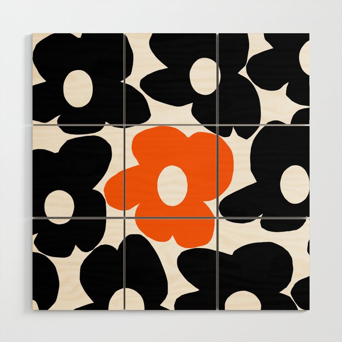 Large Orange and Black Retro Flowers White Background #decor #society6 #buyart Wood Wall Art Gallery Image 1