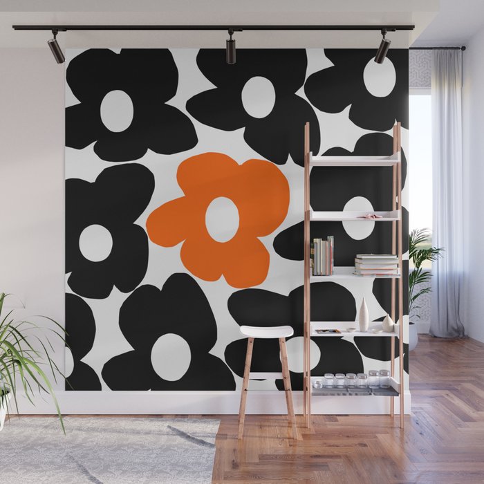 Large Orange and Black Retro Flowers White Background #decor #society6 #buyart Wall Mural Gallery Image 1
