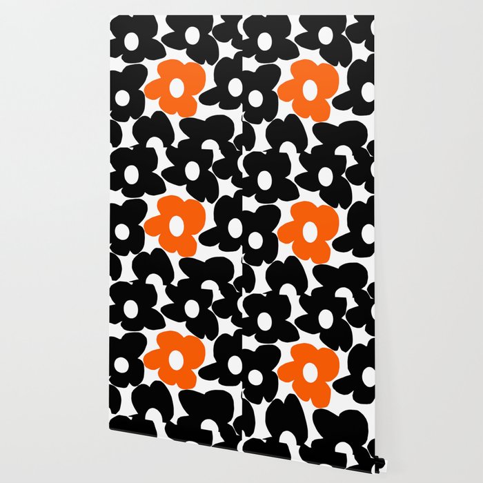 Large Orange and Black Retro Flowers White Background #decor #society6 #buyart Wallpaper Gallery Image 2