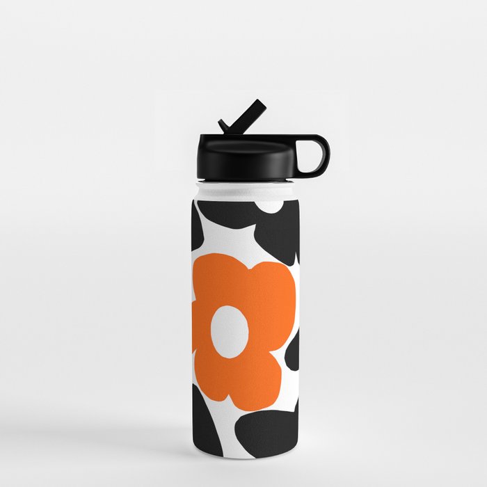 Large Orange and Black Retro Flowers White Background #decor #society6 #buyart Water Bottle Gallery Image 1
