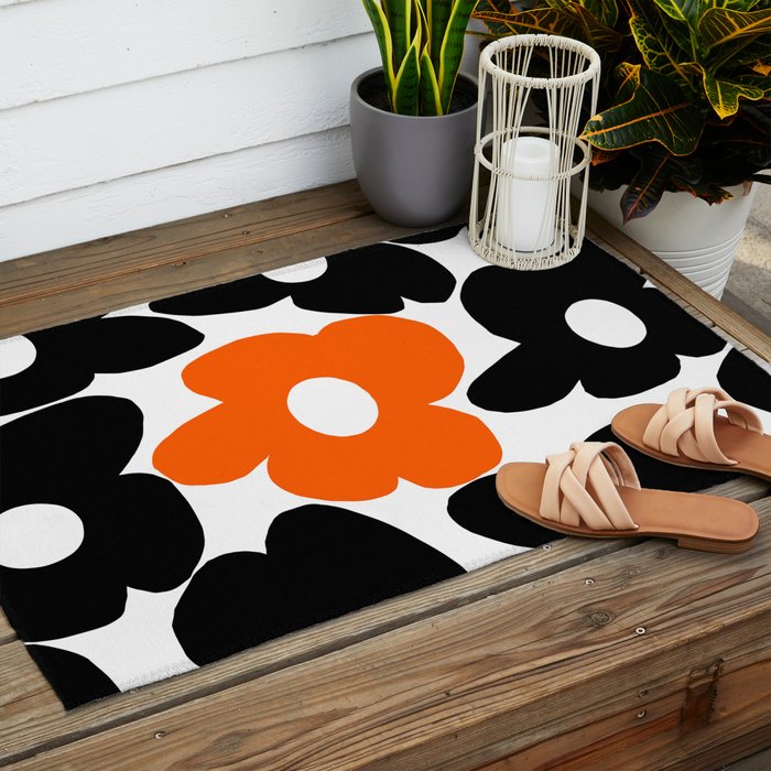 Large Orange and Black Retro Flowers White Background #decor #society6 #buyart Outdoor Rug Gallery Image 2