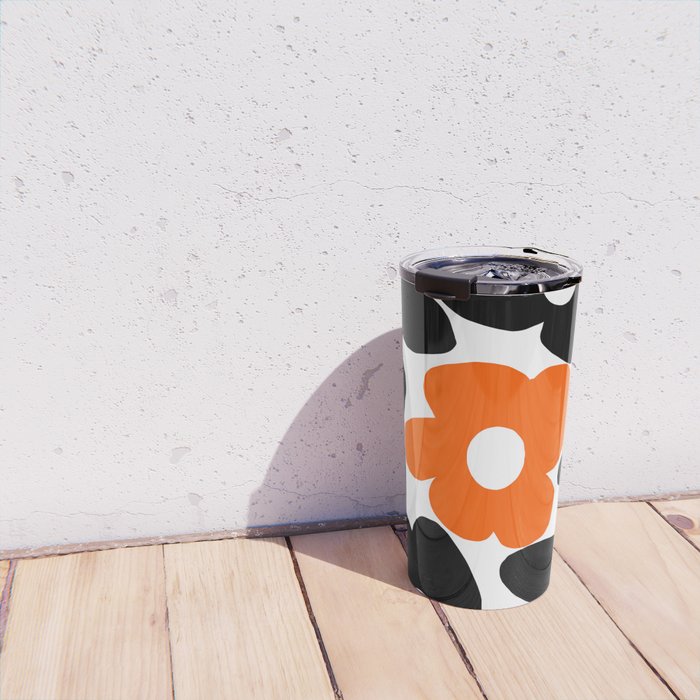 Large Orange and Black Retro Flowers White Background #decor #society6 #buyart Travel Mug Gallery Image 4