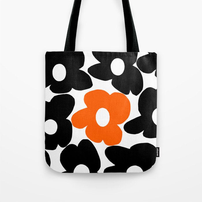 Large Orange and Black Retro Flowers White Background #decor #society6 #buyart Tote Bag Gallery Image 1