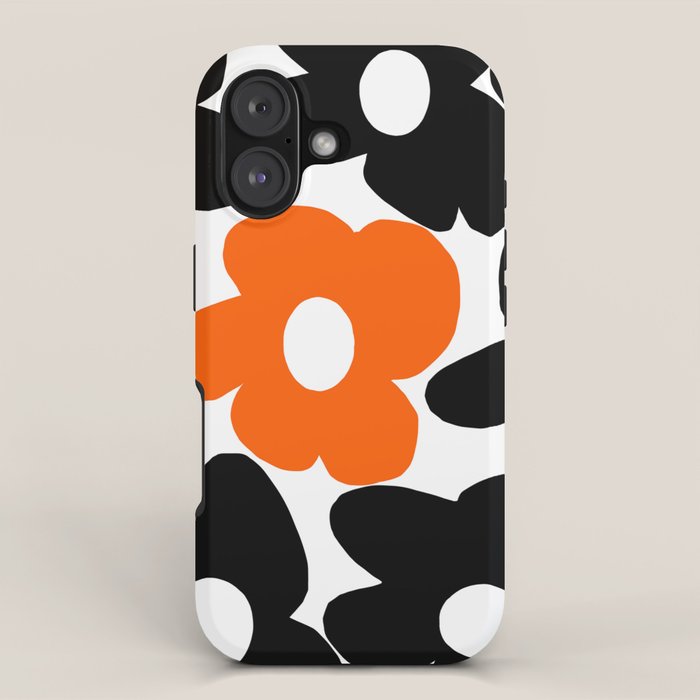 Large Orange and Black Retro Flowers White Background #decor #society6 #buyart iPhone Case Gallery Image 1
