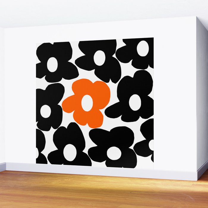 Large Orange and Black Retro Flowers White Background #decor #society6 #buyart Wall Mural Gallery Image 2
