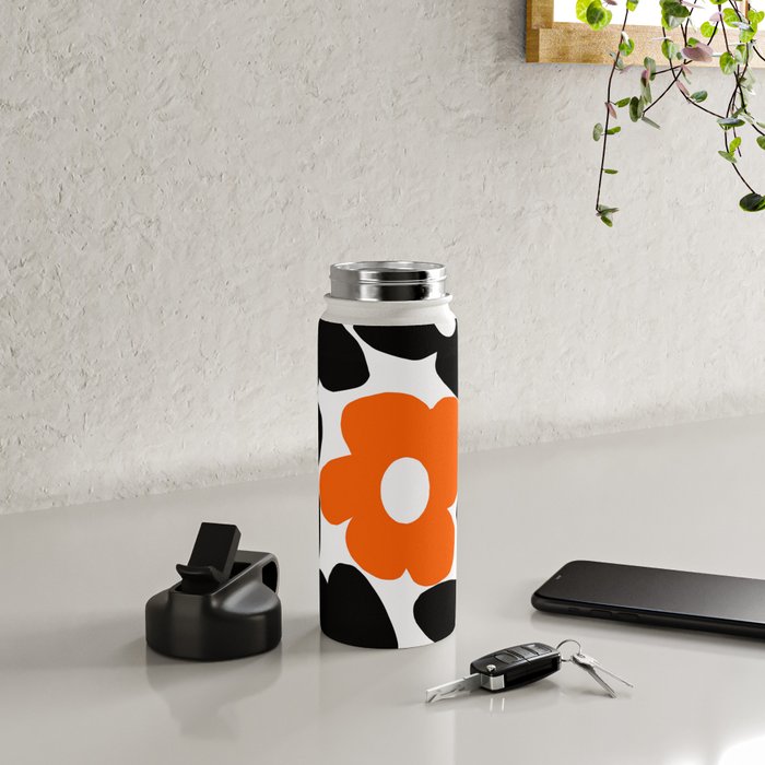 Large Orange and Black Retro Flowers White Background #decor #society6 #buyart Water Bottle Gallery Image 4