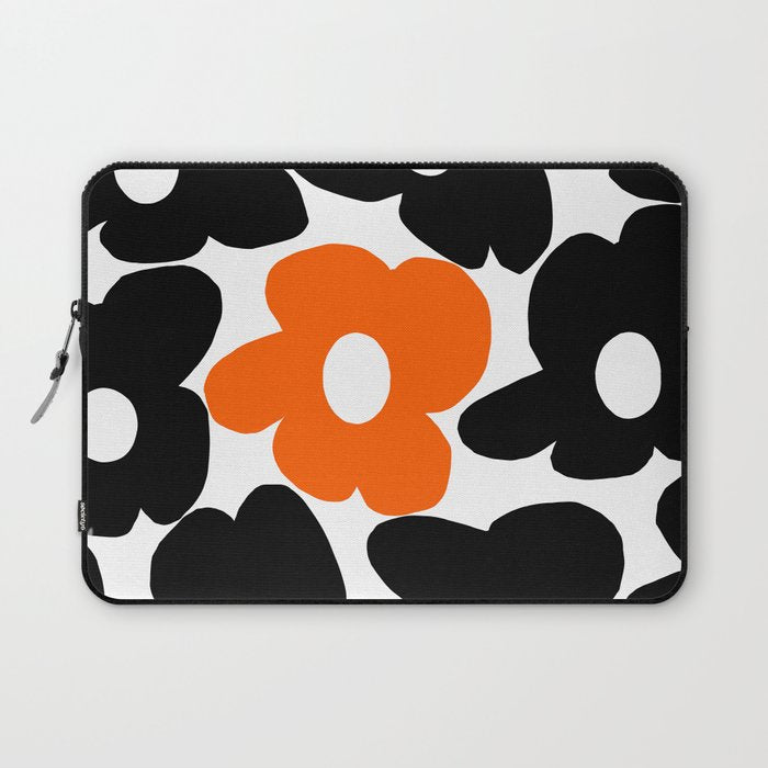Large Orange and Black Retro Flowers White Background #decor #society6 #buyart Laptop Sleeve Gallery Image 1