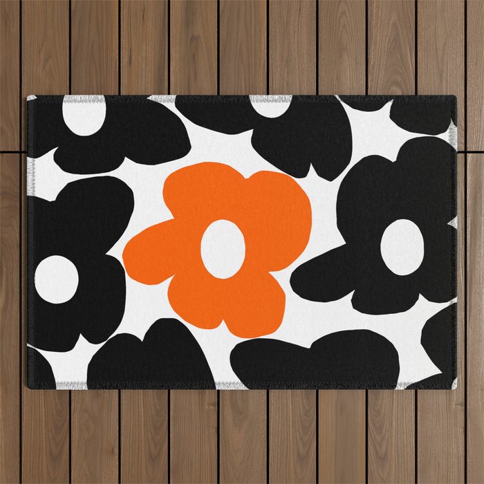 Large Orange and Black Retro Flowers White Background #decor #society6 #buyart Outdoor Rug Gallery Image 1