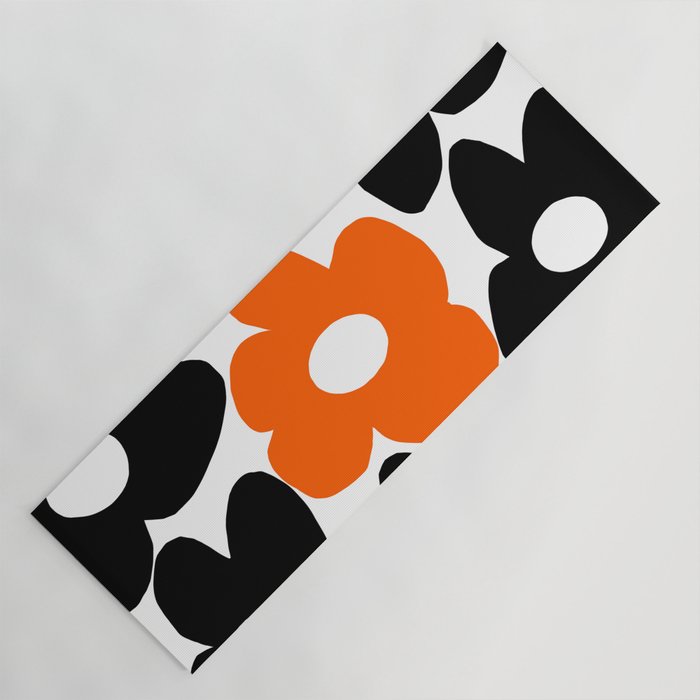 Large Orange and Black Retro Flowers White Background #decor #society6 #buyart Yoga Mat Gallery Image 1