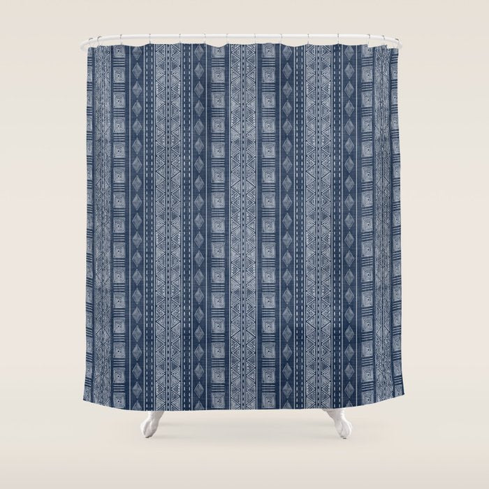 Mudcloth Inspired Navy Blue Small Scale Pattern Shower Curtain Gallery Image 1