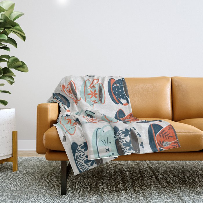 Tea Time - Coral & Teal Throw Blanket Gallery Image 1