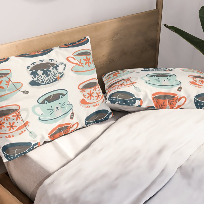 Tea Time - Coral & Teal Pillow Sham Gallery Image 2