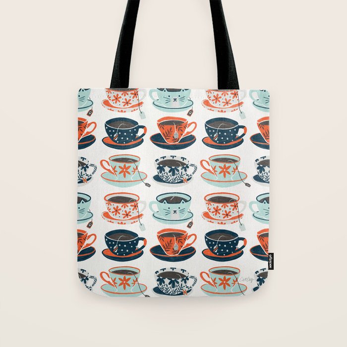 Tea Time - Coral & Teal Tote Bag Gallery Image 1