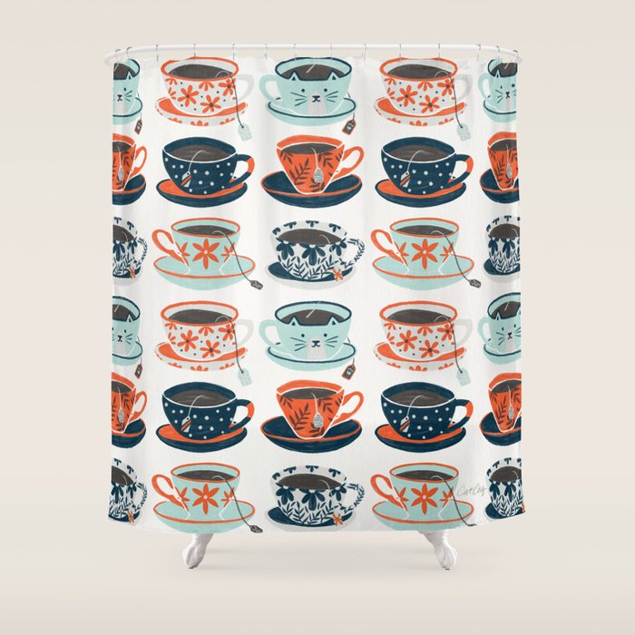 Tea Time - Coral & Teal Shower Curtain Gallery Image 1