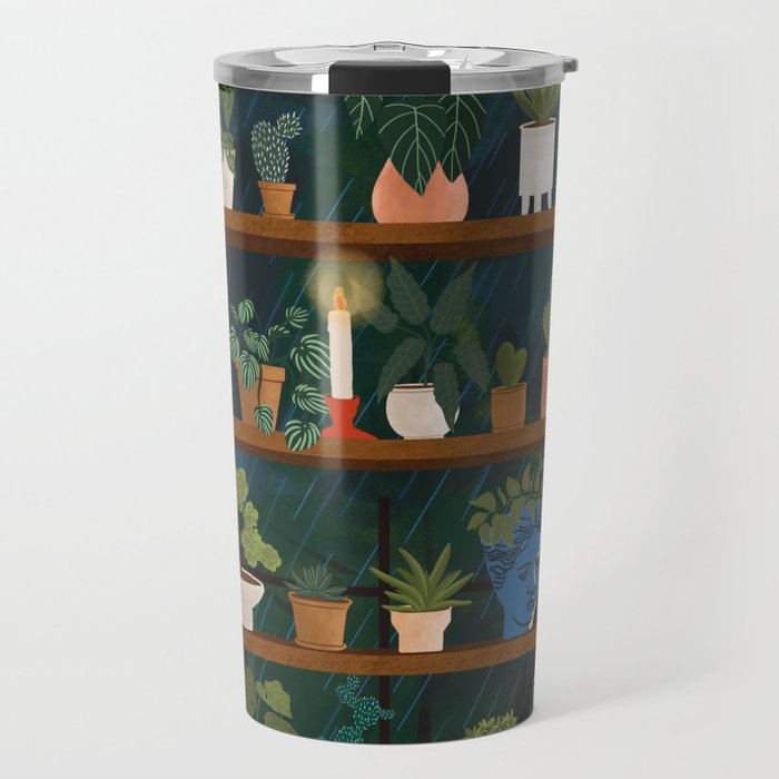 Plant Shelves Rainy Night Travel Mug Gallery Image 1
